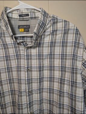 Eddie Bauer Men's Classic Fit Blue and Tan Plaid Button-Up Shirt
